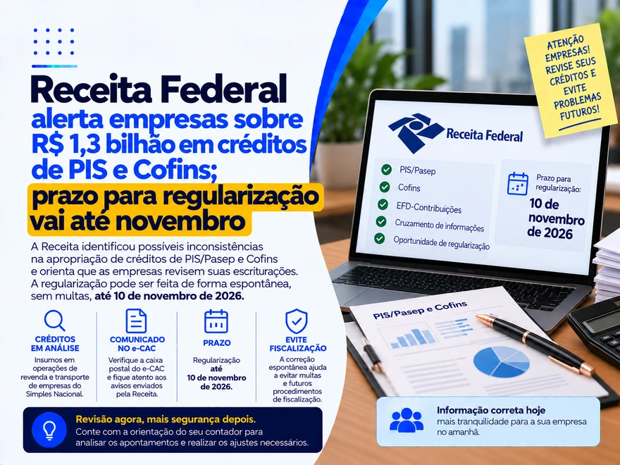 Receita Federal alerta empresas sobre R$ 1,3 bilhão em créditos de PIS e Cofins; prazo para regularização vai até novembro